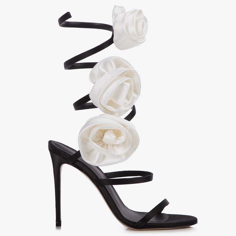 Lace-up Stiletto Heel Round Toe Flower Decorative Women's Sandals - EX-STOCK CANADA