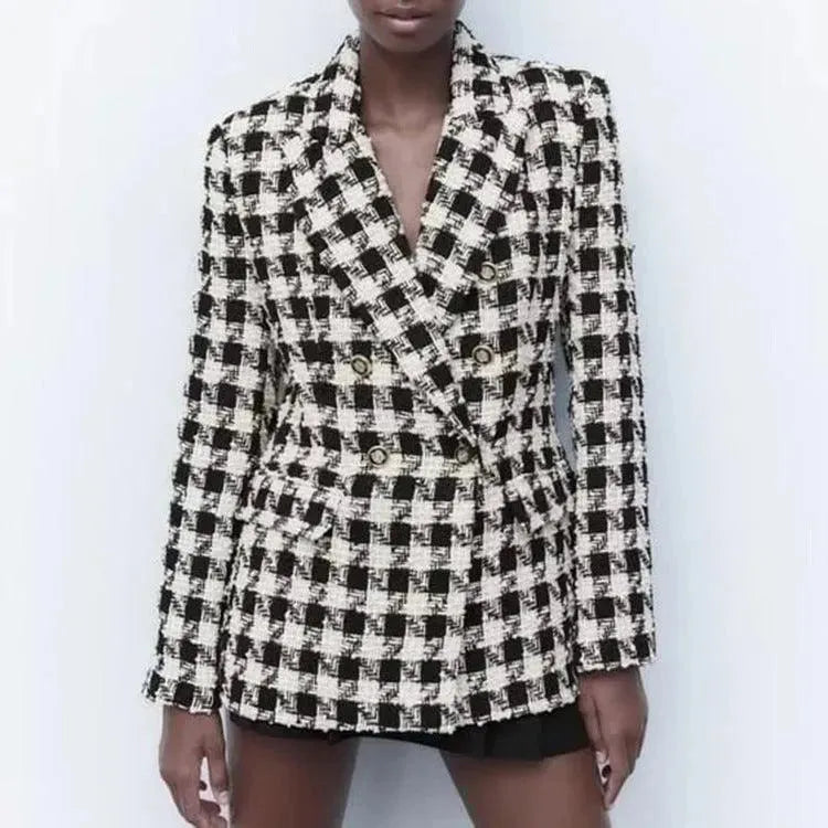 Lapel Long Sleeve Double Breasted Houndstooth Coat Top For Women - EX-STOCK CANADA