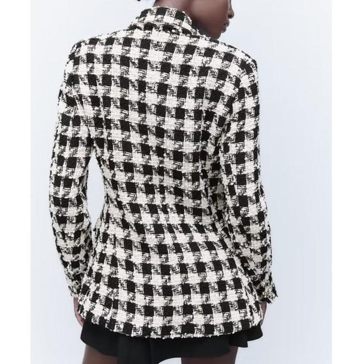 Lapel Long Sleeve Double Breasted Houndstooth Coat Top For Women - EX-STOCK CANADA