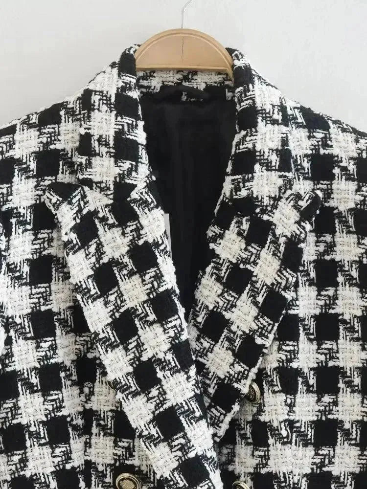 Lapel Long Sleeve Double Breasted Houndstooth Coat Top For Women - EX-STOCK CANADA