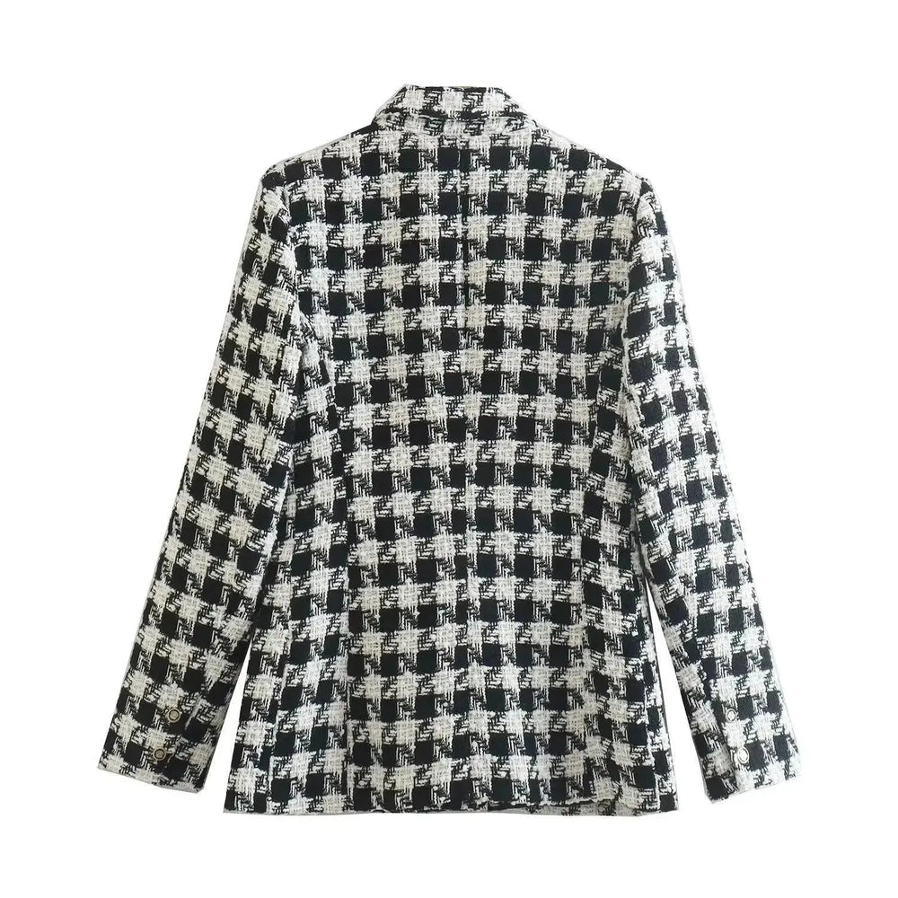 Lapel Long Sleeve Double Breasted Houndstooth Coat Top For Women - EX-STOCK CANADA