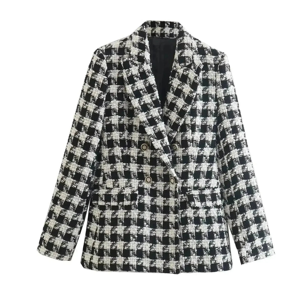 Lapel Long Sleeve Double Breasted Houndstooth Coat Top For Women - EX-STOCK CANADA