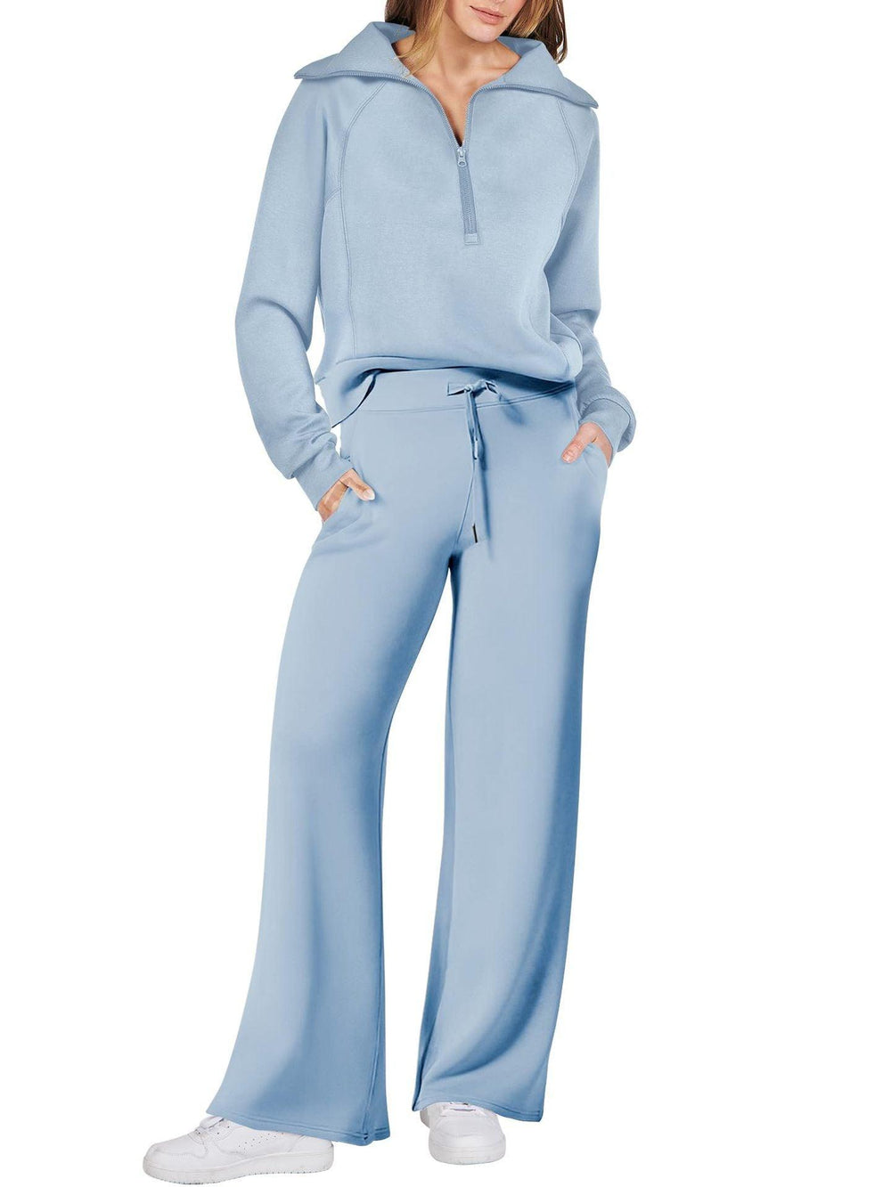 Leisure Sports Suit Long-sleeve Zipper Sweatshirt Wide Leg Pants Two-piece Set - EX-STOCK CANADA