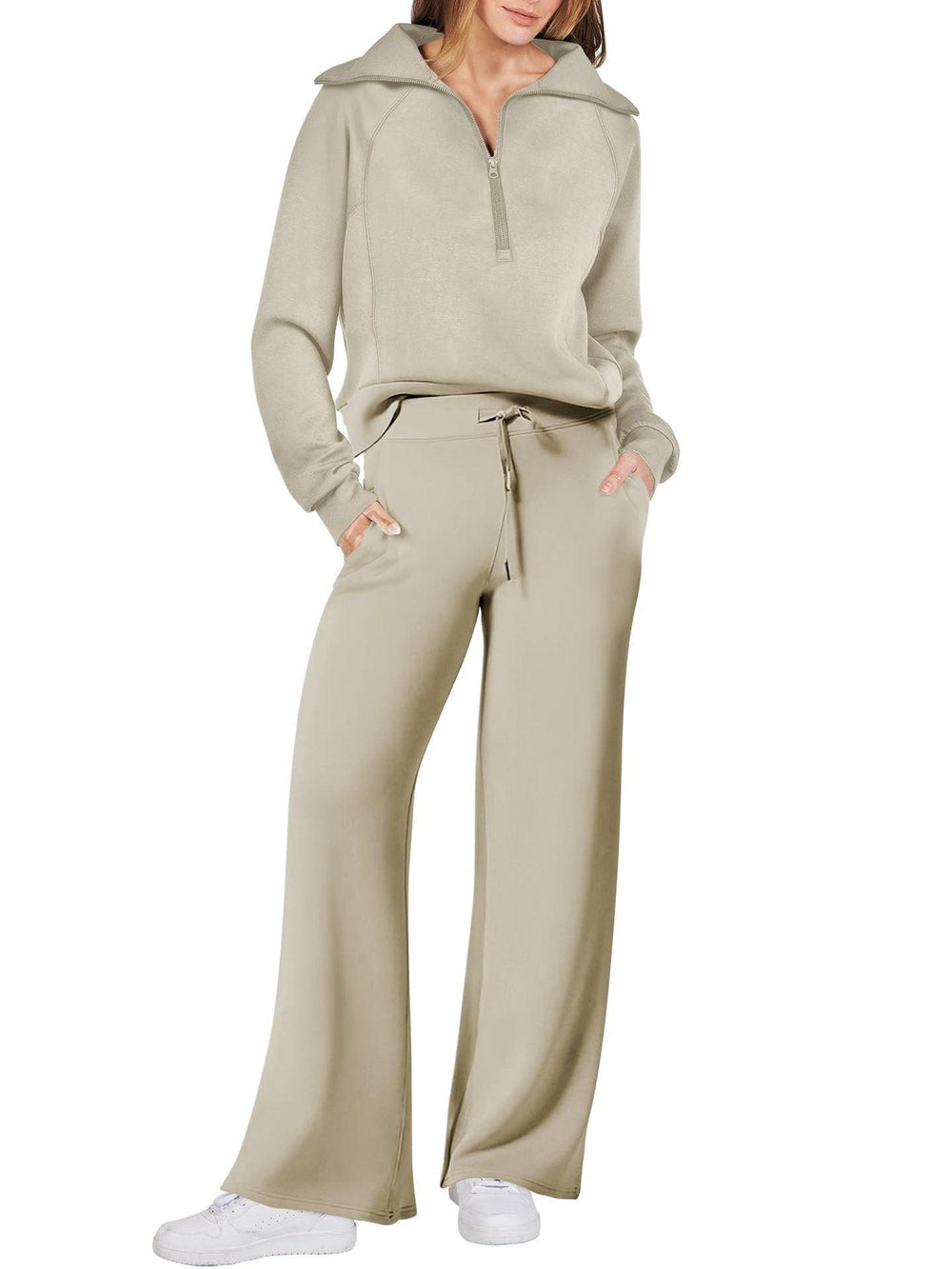 Leisure Sports Suit Long-sleeve Zipper Sweatshirt Wide Leg Pants Two-piece Set - EX-STOCK CANADA