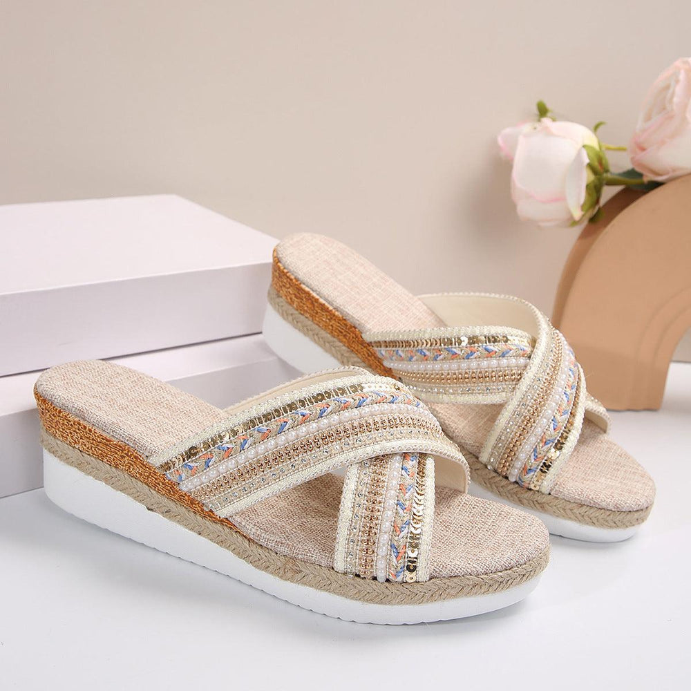 Linen Wedge Sandals Summer Ethnic Style Cross-strap Sandals For Women Non-slip Slides Beach Shoes - EX-STOCK CANADA