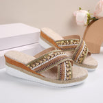 Linen Wedge Sandals Summer Ethnic Style Cross-strap Sandals For Women Non-slip Slides Beach Shoes - EX-STOCK CANADA