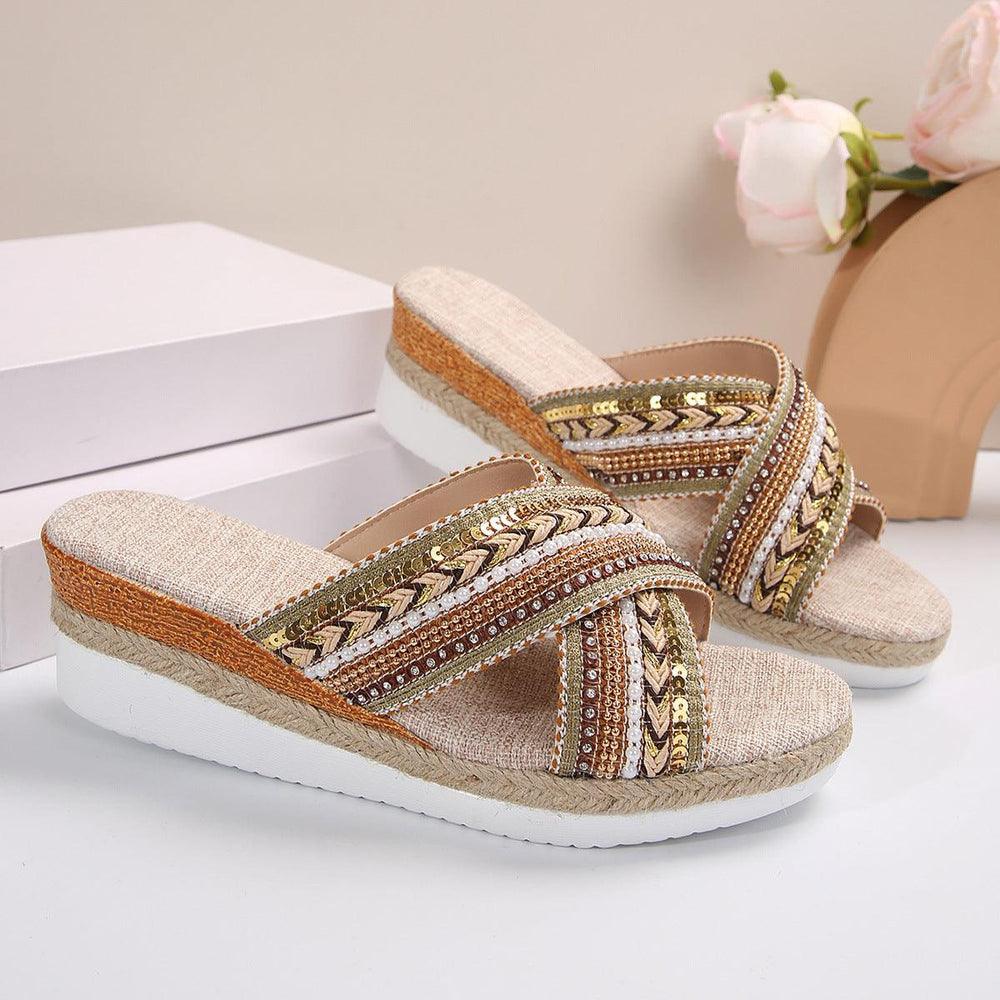 Linen Wedge Sandals Summer Ethnic Style Cross-strap Sandals For Women Non-slip Slides Beach Shoes - EX-STOCK CANADA