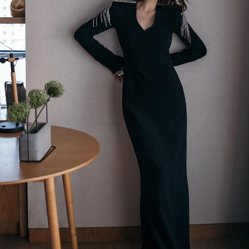 Long Sleeve Slimming Black Evening Dress - EX-STOCK CANADA