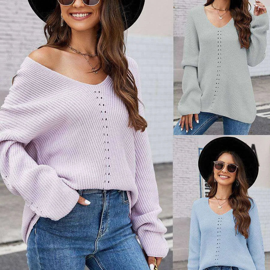 Long Sleeve Sweater With Pocket Solid Color V-neck Pullover Knitwear Women Tops - EX-STOCK CANADA