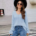 Long Sleeve Sweater With Pocket Solid Color V-neck Pullover Knitwear Women Tops - EX-STOCK CANADA