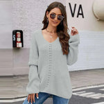 Long Sleeve Sweater With Pocket Solid Color V-neck Pullover Knitwear Women Tops - EX-STOCK CANADA