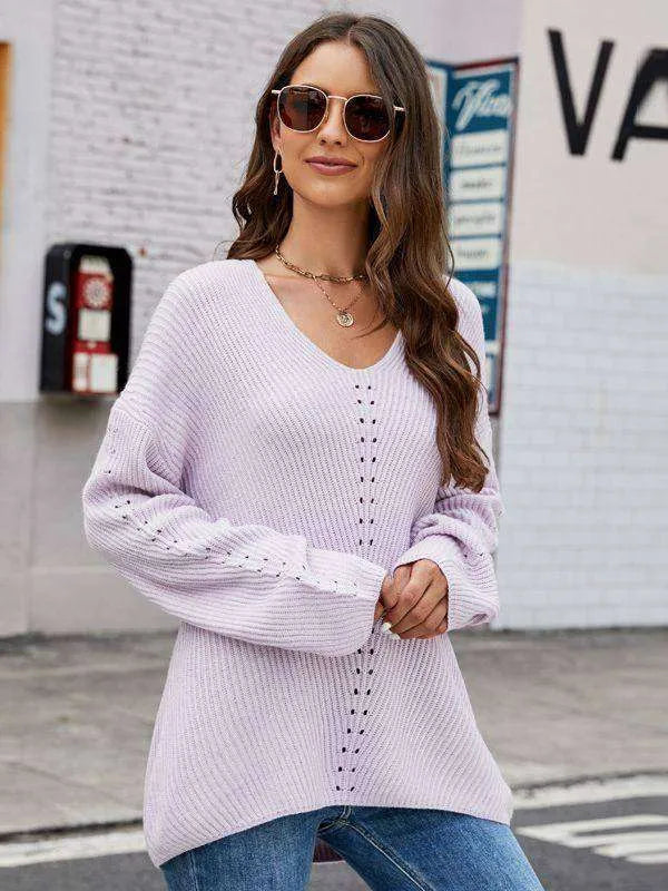 Long Sleeve Sweater With Pocket Solid Color V-neck Pullover Knitwear Women Tops - EX-STOCK CANADA