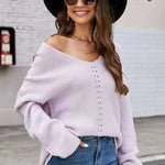 Long Sleeve Sweater With Pocket Solid Color V-neck Pullover Knitwear Women Tops - EX-STOCK CANADA