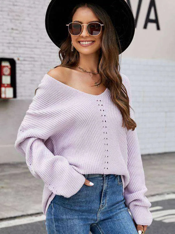 Long Sleeve Sweater With Pocket Solid Color V-neck Pullover Knitwear Women Tops - EX-STOCK CANADA