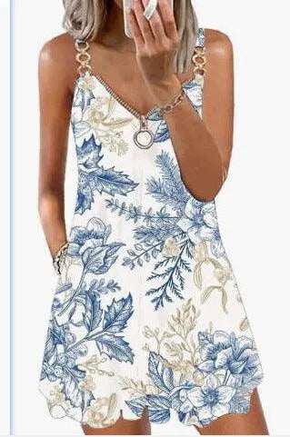 Loose Sleeveless Sling Summer Beach Printed Floral Mini Dress - EX-STOCK CANADA