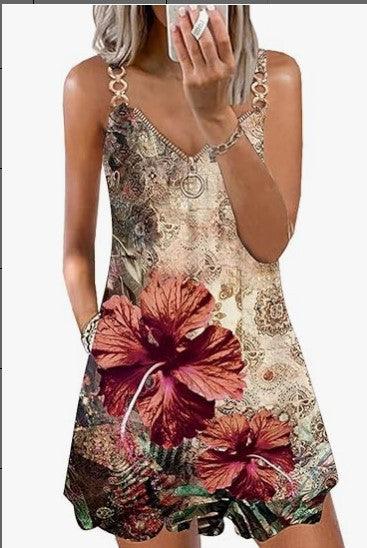 Loose Sleeveless Sling Summer Beach Printed Floral Mini Dress - EX-STOCK CANADA