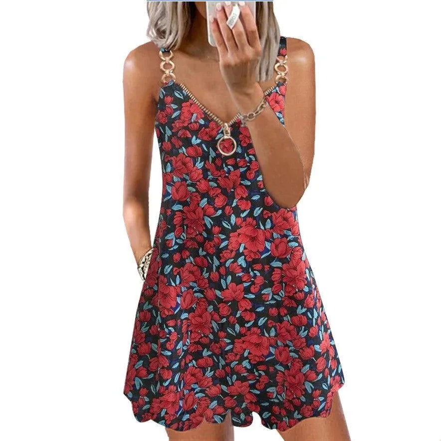 Loose Sleeveless Sling Summer Beach Printed Floral Mini Dress - EX-STOCK CANADA