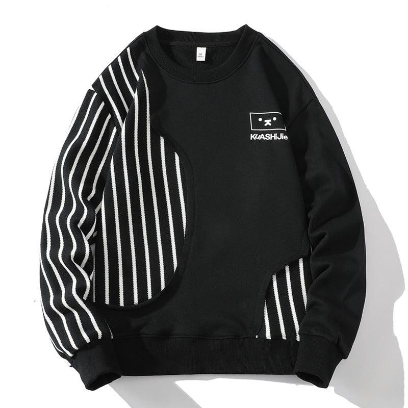 Loose Sports Long-sleeved T-shirt Patchwork Stripes Printed Men's Clothing Round-neck Sweater - EX-STOCK CANADA