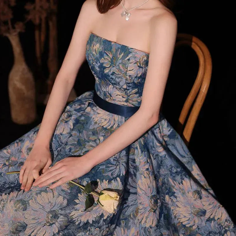 Luxurious Princess Court Oil Painting Style Tube Top Blue Evening Dress Bowl Gown - EX-STOCK CANADA