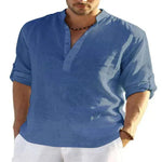 Men's Casual Cotton Linen Solid Color Long Sleeve Shirt Loose Stand Collar - EX-STOCK CANADA