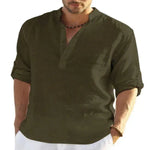 Men's Casual Cotton Linen Solid Color Long Sleeve Shirt Loose Stand Collar - EX-STOCK CANADA