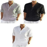 Men's Casual Cotton Linen Solid Color Long Sleeve Shirt Loose Stand Collar - EX-STOCK CANADA