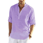 Men's Casual Cotton Linen Solid Color Long Sleeve Shirt Loose Stand Collar - EX-STOCK CANADA