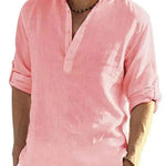 Men's Casual Cotton Linen Solid Color Long Sleeve Shirt Loose Stand Collar - EX-STOCK CANADA