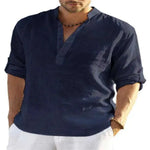 Men's Casual Cotton Linen Solid Color Long Sleeve Shirt Loose Stand Collar - EX-STOCK CANADA