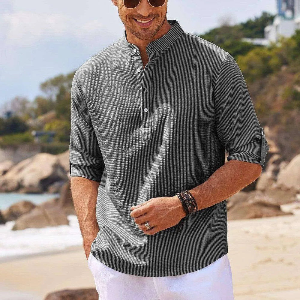 Men's Casual Shirt Long Sleeve Stand Collar Solid Color Shirt Mens Clothing - EX-STOCK CANADA