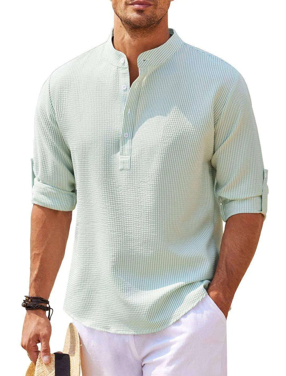 Men's Casual Shirt Long Sleeve Stand Collar Solid Color Shirt Mens Clothing - EX-STOCK CANADA