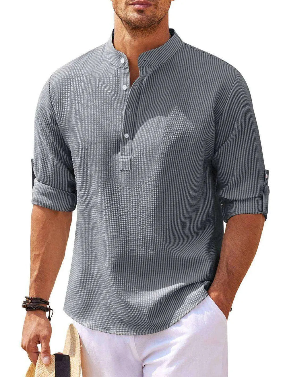 Men's Casual Shirt Long Sleeve Stand Collar Solid Color Shirt Mens Clothing - EX-STOCK CANADA