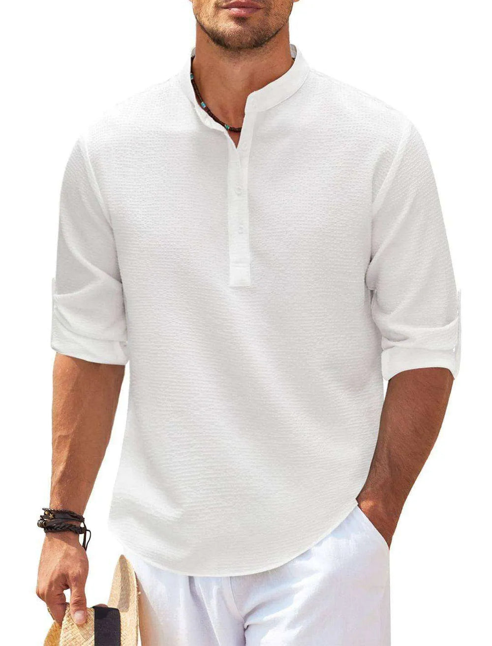 Men's Casual Shirt Long Sleeve Stand Collar Solid Color Shirt Mens Clothing - EX-STOCK CANADA