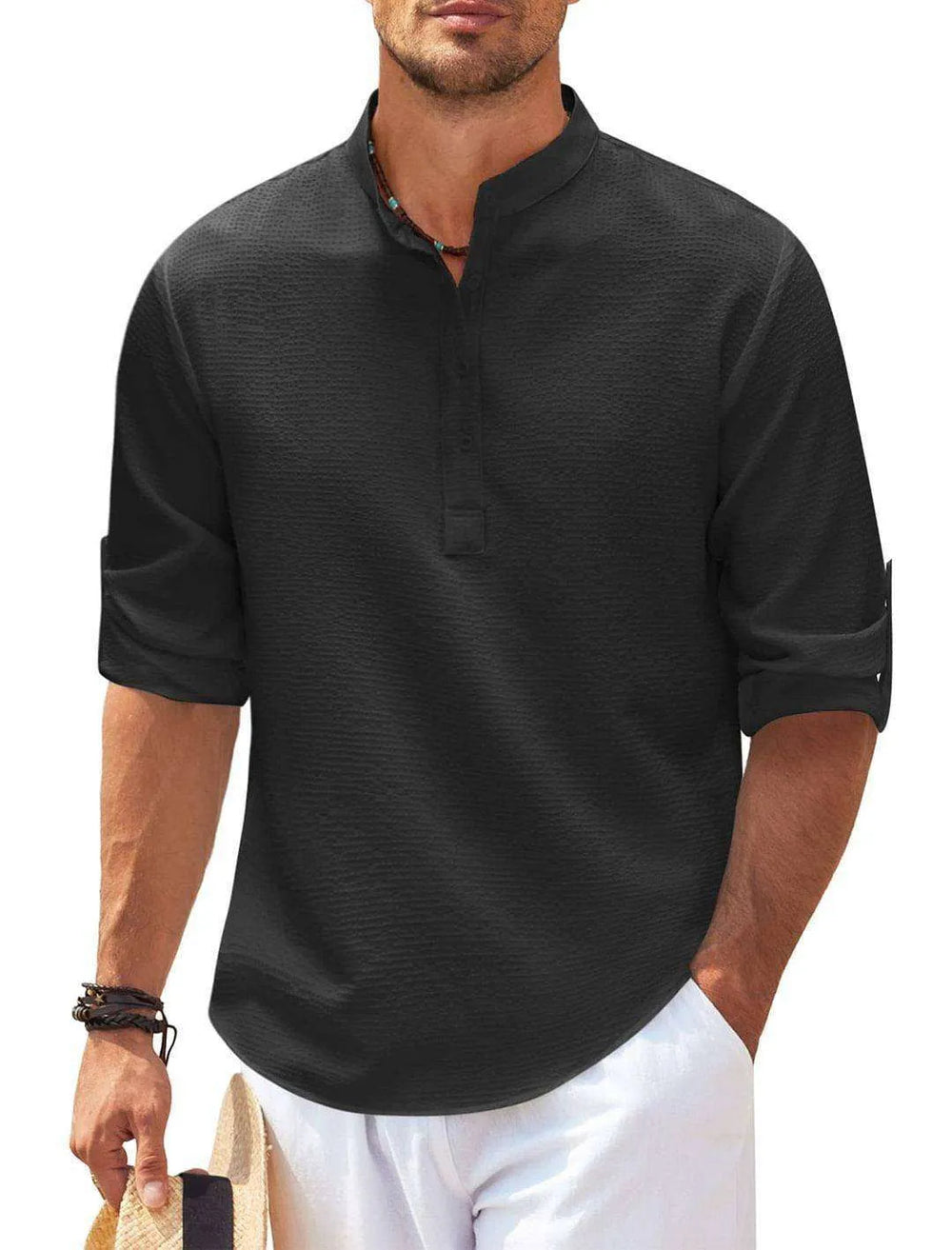 Men's Casual Shirt Long Sleeve Stand Collar Solid Color Shirt Mens Clothing - EX-STOCK CANADA