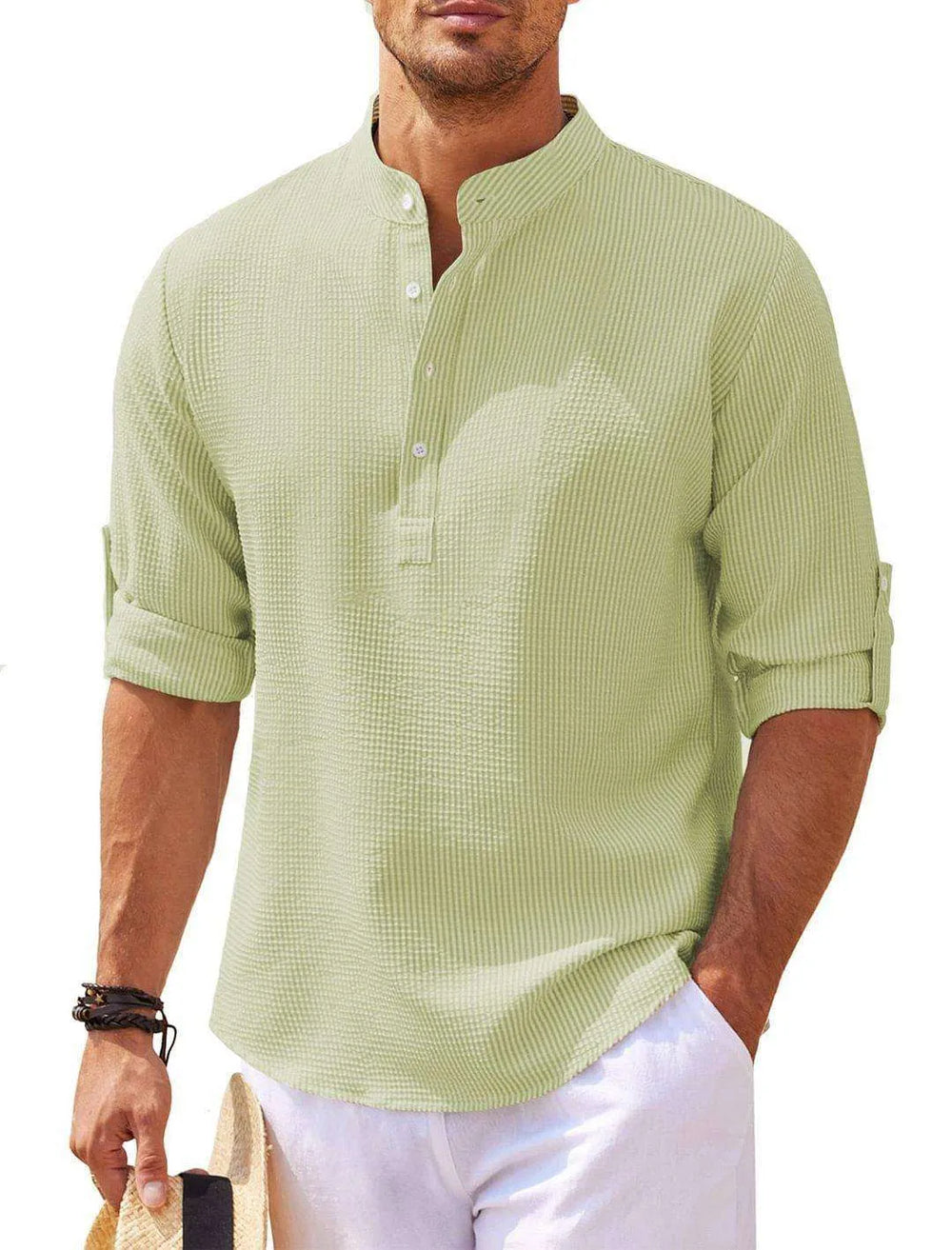 Men's Casual Shirt Long Sleeve Stand Collar Solid Color Shirt Mens Clothing - EX-STOCK CANADA