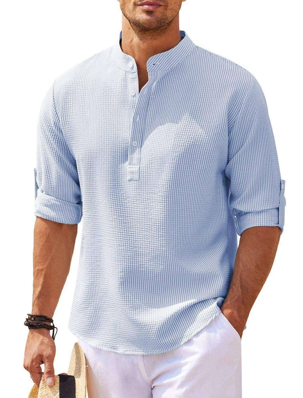 Men's Casual Shirt Long Sleeve Stand Collar Solid Color Shirt Mens Clothing - EX-STOCK CANADA