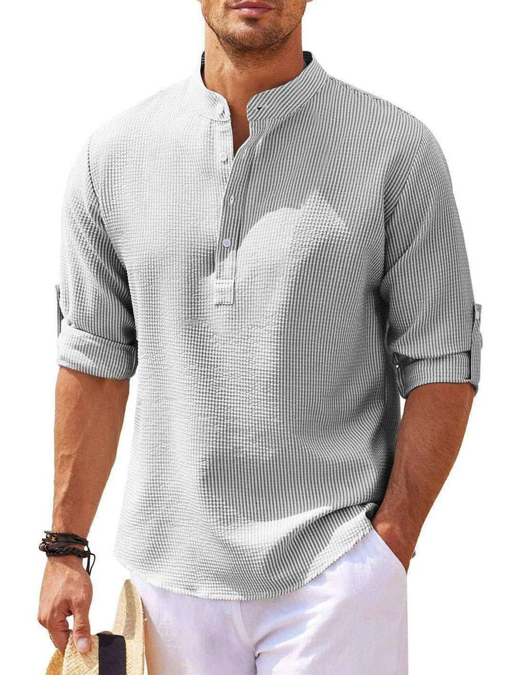 Men's Casual Shirt Long Sleeve Stand Collar Solid Color Shirt Mens Clothing - EX-STOCK CANADA