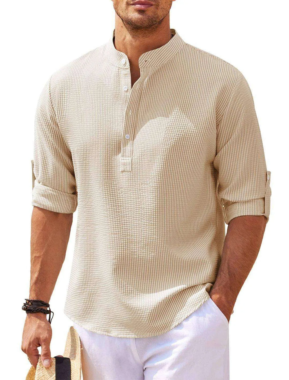 Men's Casual Shirt Long Sleeve Stand Collar Solid Color Shirt Mens Clothing - EX-STOCK CANADA