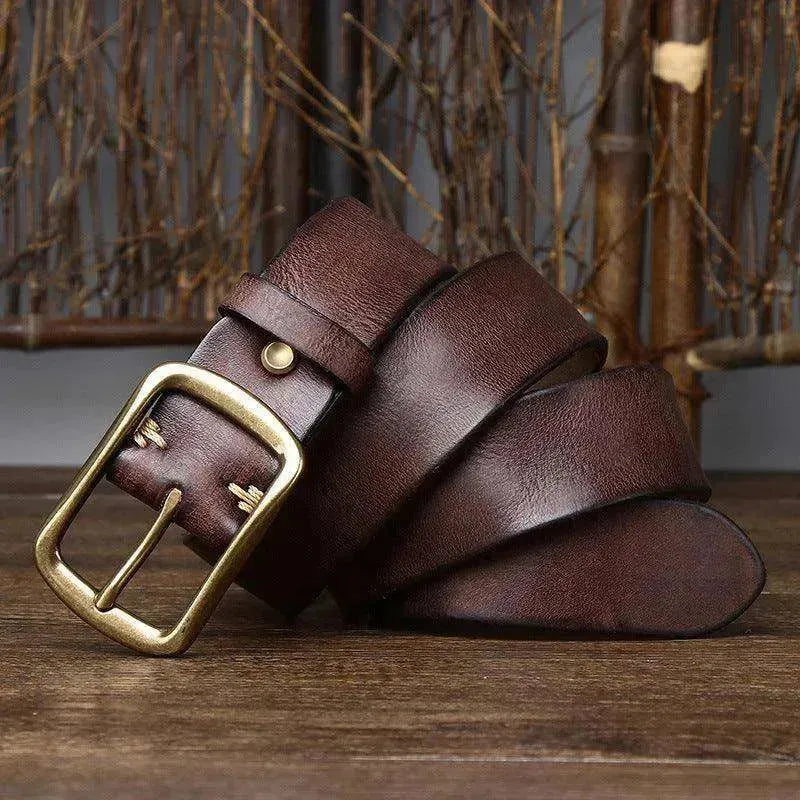 Men's Cowhide Vintage Distressed Pleated Brass Buckle Belt - EX-STOCK CANADA