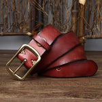 Men's Cowhide Vintage Distressed Pleated Brass Buckle Belt - EX-STOCK CANADA