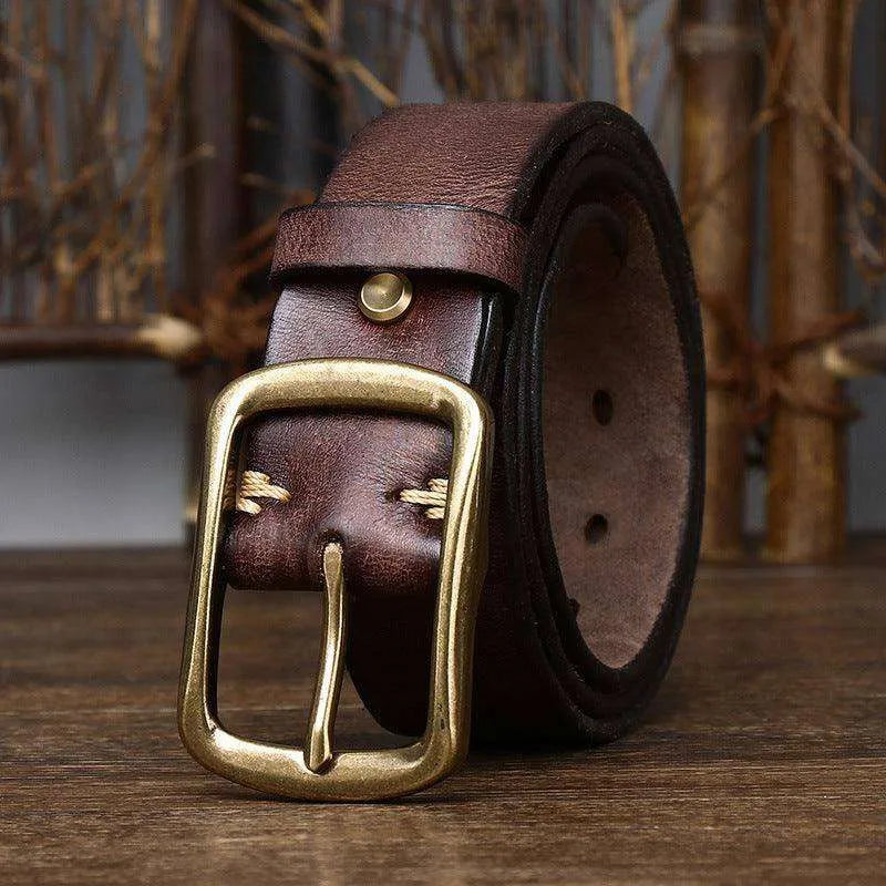 Men's Cowhide Vintage Distressed Pleated Brass Buckle Belt - EX-STOCK CANADA