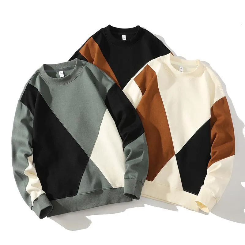 Men's Round Neck Sweater Spring Fashion Loose Breathable Stitching Long Sleeve - EX-STOCK CANADA