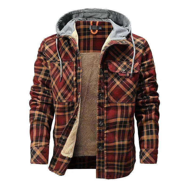 Men Warm Jacket Fleece Lining Lumberjack Plaid Hooded Jackets Snap Button - EX-STOCK CANADA