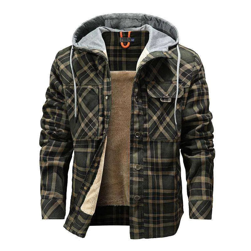 Men Warm Jacket Fleece Lining Lumberjack Plaid Hooded Jackets Snap Button - EX-STOCK CANADA