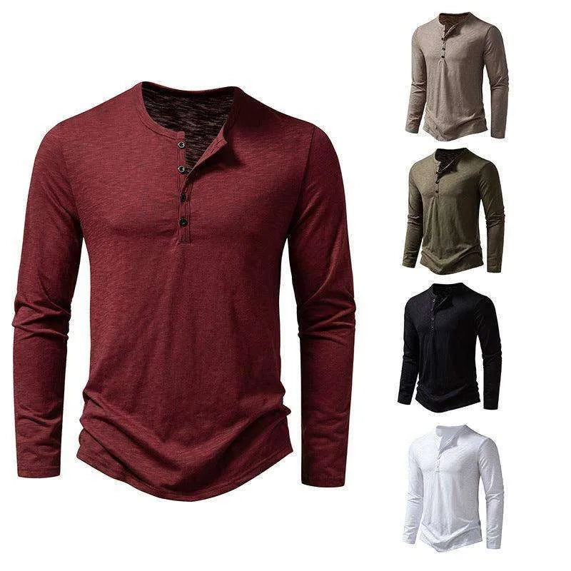 Mens Clothing Long Sleeve T-shirt Fashion Button Henry Collar Tops - EX-STOCK CANADA