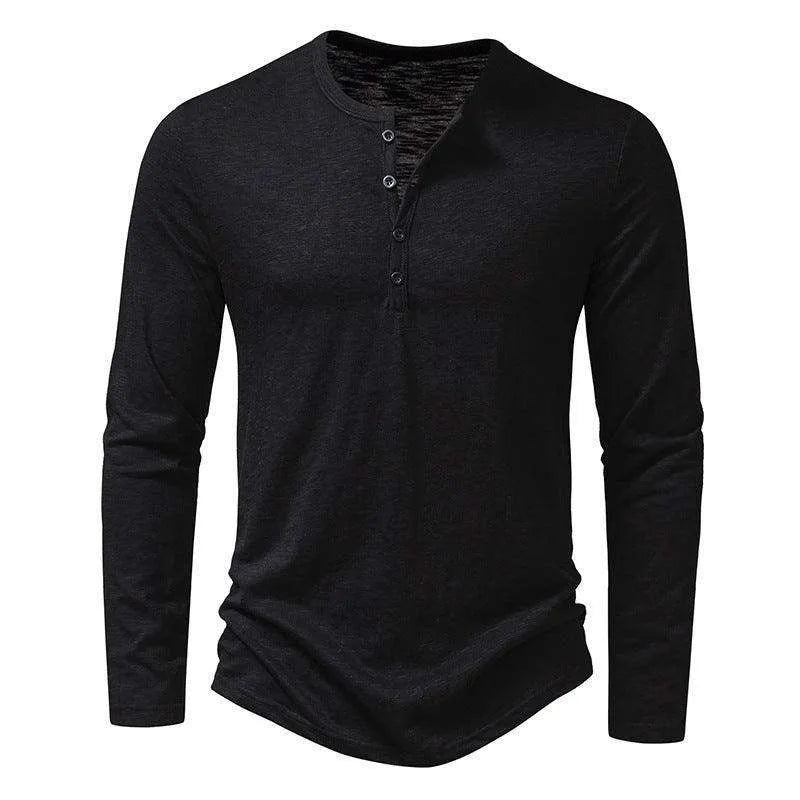 Mens Clothing Long Sleeve T-shirt Fashion Button Henry Collar Tops - EX-STOCK CANADA