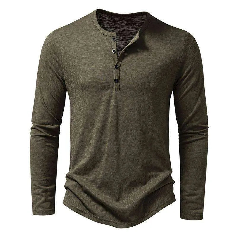 Mens Clothing Long Sleeve T-shirt Fashion Button Henry Collar Tops - EX-STOCK CANADA