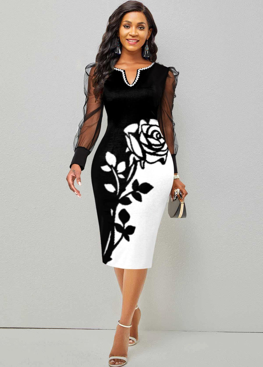 Mesh Sleeve Pencil Mid-length Hip Dress - EX-STOCK CANADA