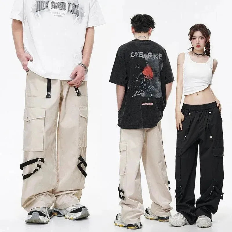 Metal Snap Fastener Detachable Webbing Multi-pocket Wide Leg Straight Overalls - EX-STOCK CANADA