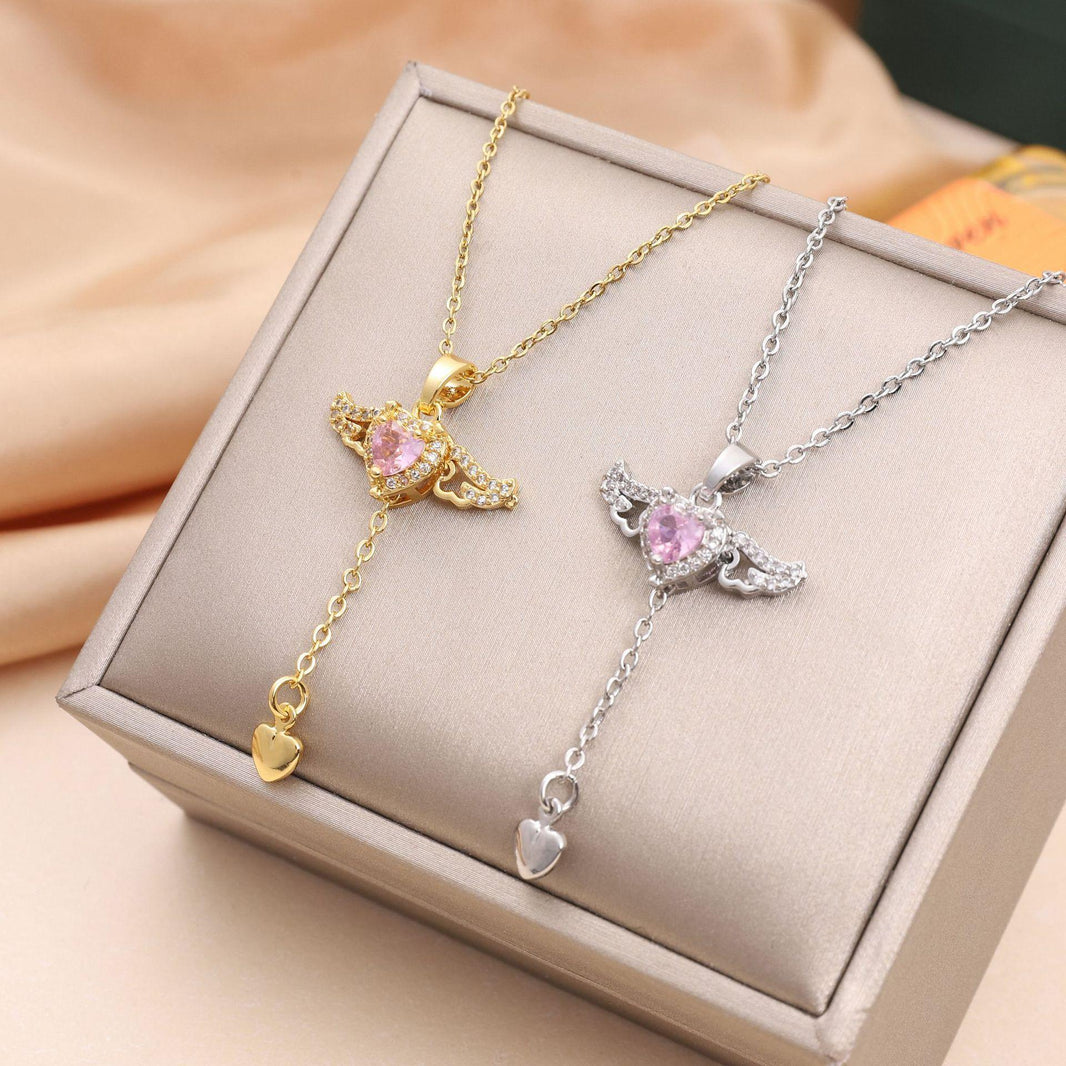 Moving Cupid Heart Angel Wings Tassel Necklace With Crystal Clavicle Chain Women Jewelry Gift Valentine's Day - EX-STOCK CANADA